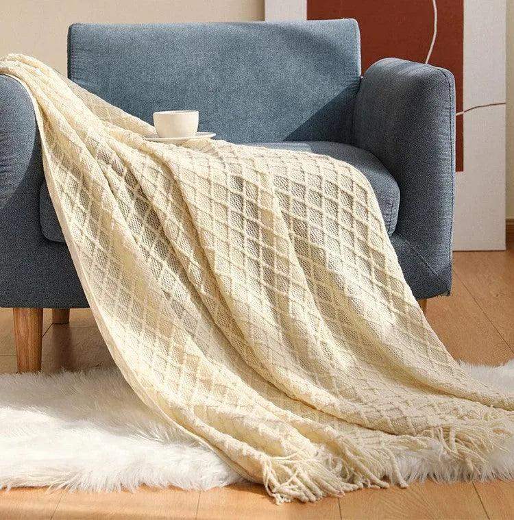 Neutral Knitted Throw Blanket with Tassel │ Nordic Style Plaid Bedspread - Besontique Home