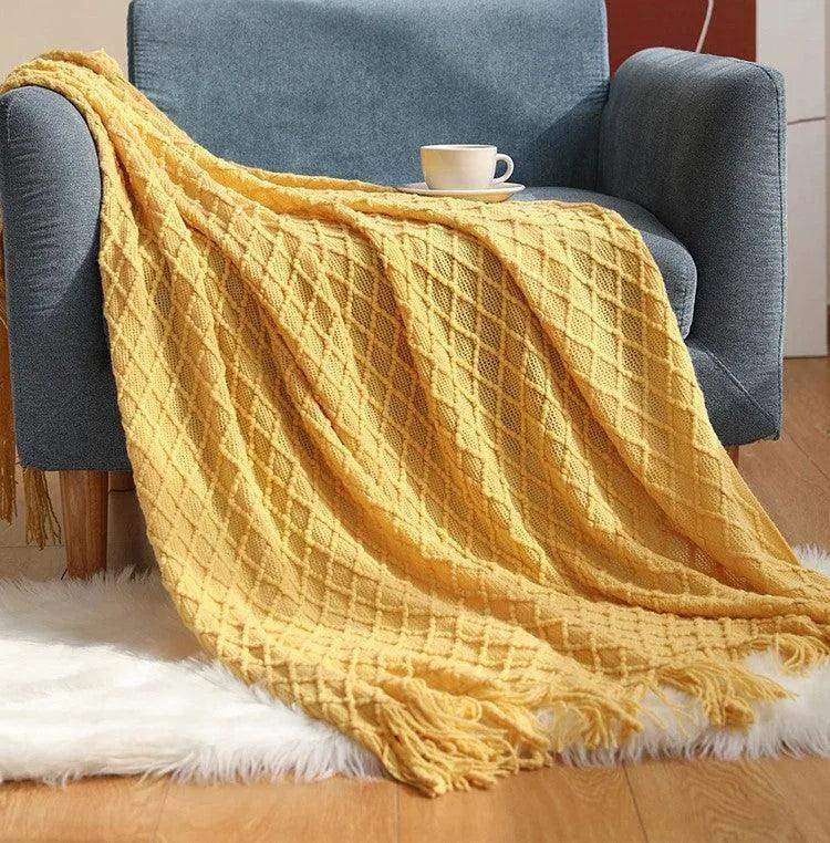 Neutral Knitted Throw Blanket with Tassel │ Nordic Style Plaid Bedspread - Besontique Home