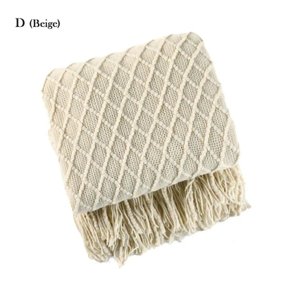 Neutral Knitted Throw Blanket with Tassel │ Nordic Style Plaid Bedspread - Besontique Home