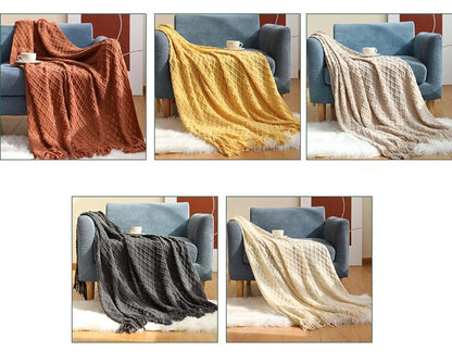 Neutral Knitted Throw Blanket with Tassel │ Nordic Style Plaid Bedspread - Besontique Home