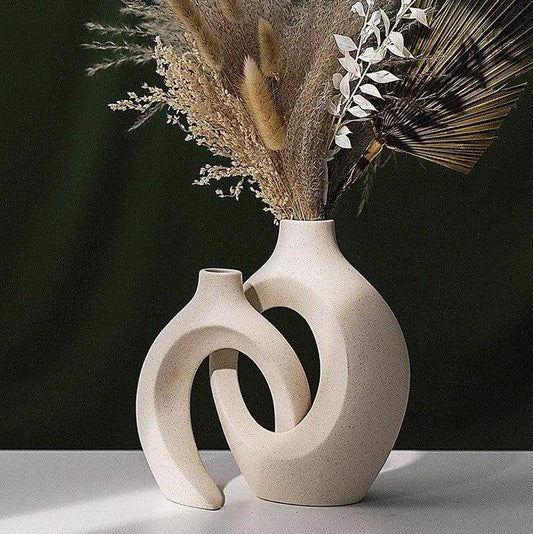 Nordic Beige Ceramic Vase 2Pcs/Set │ White Matte Flower Pots for Pampas Grass - Besontique Home