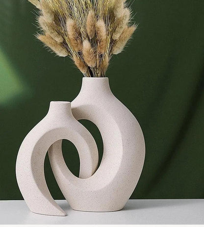 Nordic Beige Ceramic Vase 2Pcs/Set │ White Matte Flower Pots for Pampas Grass │ Living Room Home Decoration Gifts - Besontique Home