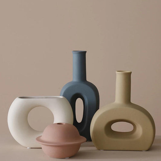 Nordic Ceramic Flower Vase │ Geometric Art Decorative Pot │ Neutral Tone Color Home Decoration - Besontique