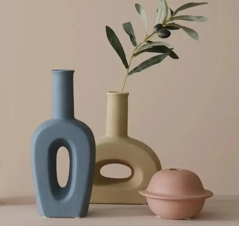 Nordic Ceramic Flower Vase │ Geometric Art Decorative Pot │ Neutral Tone Color Home Decoration - Besontique Home