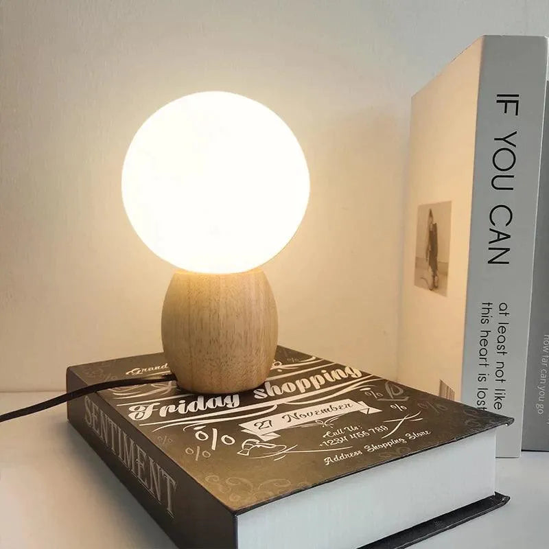 Nordic Wood Table Lamp with Glass Ball │ Minimal Bedside Mood Light - Besontique