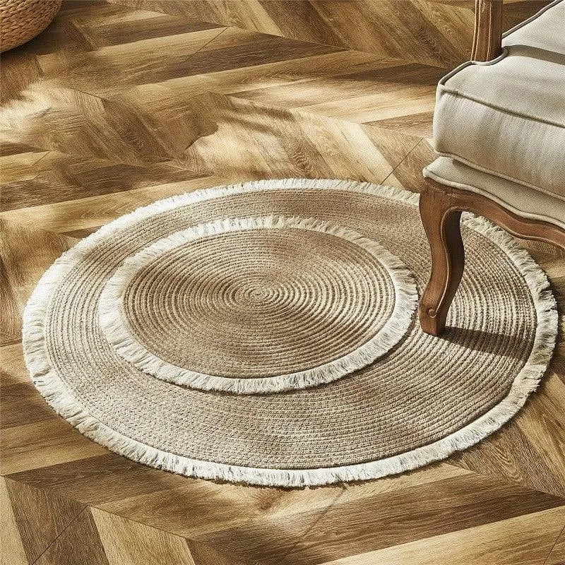 Round Woven Carpet Handmade Jute Rattan Carpet With Tassel │ For Modern Vintage Room Decor - Besontique