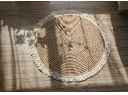 Round Woven Carpet Handmade Jute Rattan Carpet With Tassel │ For Modern Vintage Room Decor - Besontique