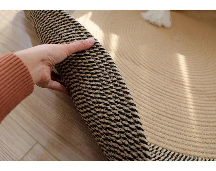 Round Woven Carpet Handmade Jute Rattan Carpet With Tassel │ For Modern Vintage Room Decor - Besontique