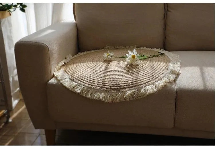 Round Woven Carpet Handmade Jute Rattan Carpet With Tassel │ For Modern Vintage Room Decor - Besontique