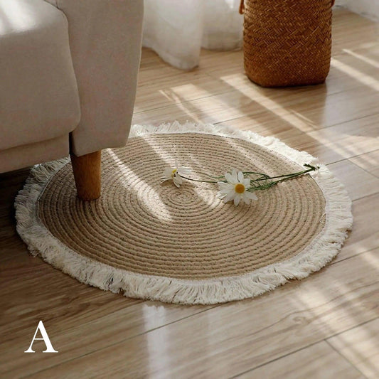 Round Woven Carpet Handmade Jute Rattan Carpet With Tassel │ For Modern Vintage Room Decor - Besontique Home