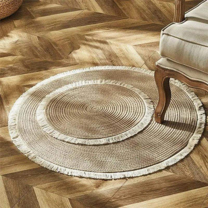Round Woven Carpet Handmade Jute Rattan Carpet With Tassel │ For Modern Vintage Room Decor - Besontique Home