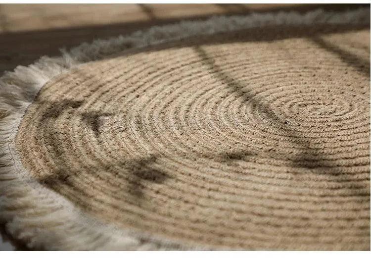 Round Woven Carpet Handmade Jute Rattan Carpet With Tassel │ For Modern Vintage Room Decor - Besontique Home