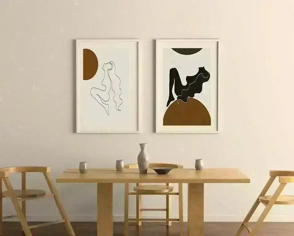 Set Of 2 Mid Century Female Digital Prints, Modern Abstract Print, Minimal Boho Printable Art, Orange Black Wall Poster - Besontique Home