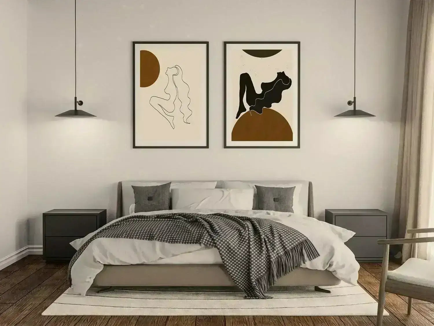 Set Of 2 Mid Century Female Digital Prints, Modern Abstract Print, Minimal Boho Printable Art, Orange Black Wall Poster - Besontique Home