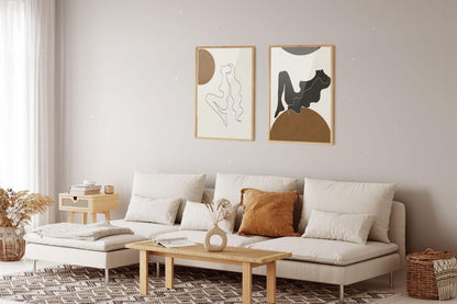 Set Of 2 Mid Century Female Digital Prints, Modern Abstract Print, Minimal Boho Printable Art, Orange Black Wall Poster - Besontique Home