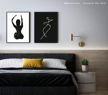 [] Set of 2 Modern Contemporary Digital Prints, Female Abstract Line Art, Minimal Gallery Wall Art, Dark Green Down Tone Printable Poster - Besontique Home