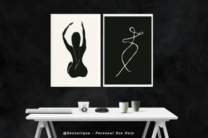 [] Set of 2 Modern Contemporary Digital Prints, Female Abstract Line Art, Minimal Gallery Wall Art, Dark Green Down Tone Printable Poster - Besontique Home