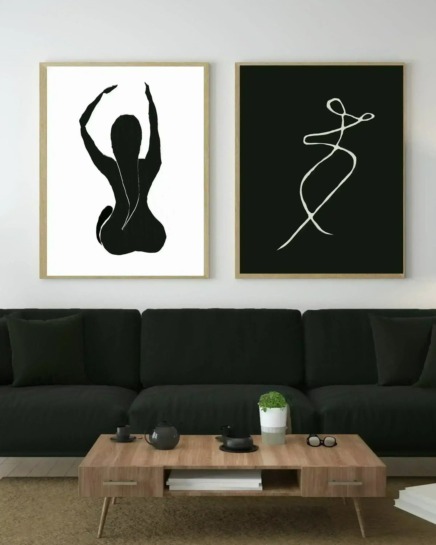 [] Set of 2 Modern Contemporary Digital Prints, Female Abstract Line Art, Minimal Gallery Wall Art, Dark Green Down Tone Printable Poster - Besontique Home