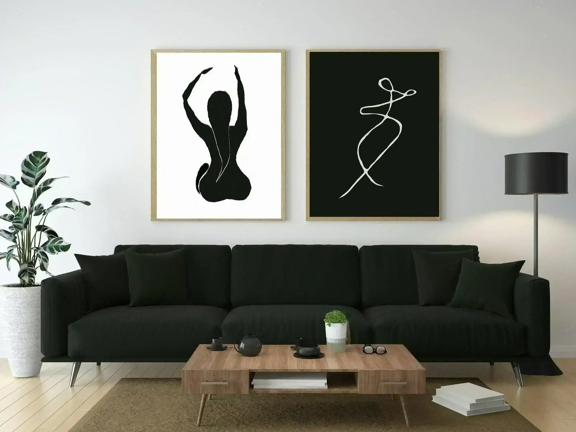 [] Set of 2 Modern Contemporary Digital Prints, Female Abstract Line Art, Minimal Gallery Wall Art, Dark Green Down Tone Printable Poster - Besontique Home