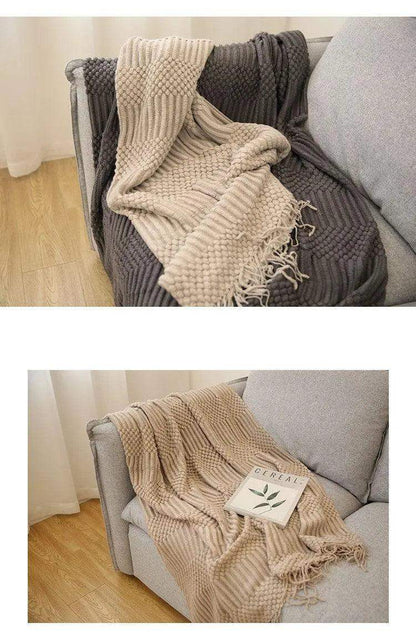 Simple Nordic Throw Blanket with Tassel │ Neutral Color Woven Blankets Bedspread - Besontique Home