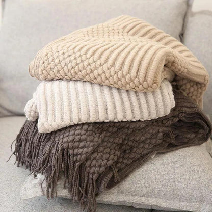 Simple Nordic Throw Blanket with Tassel │ Neutral Color Woven Blankets Bedspread - Besontique Home