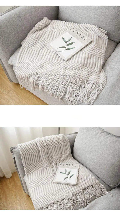 Simple Nordic Throw Blanket with Tassel │ Neutral Color Woven Blankets Bedspread - Besontique Home