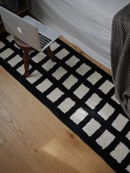 Tufting Black White Grids Bedside Rug │ Geometric Soft Long Carpet │ For Aesthetic Bedroom Home Decor - Besontique Home