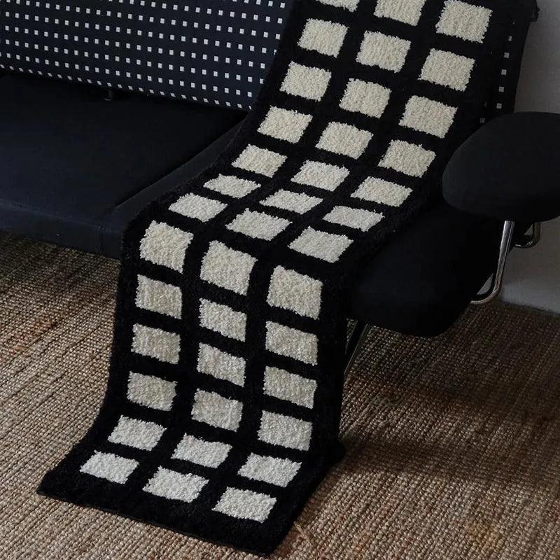 Tufting Black White Grids Bedside Rug │ Geometric Soft Long Carpet │ For Aesthetic Bedroom Home Decor - Besontique Home