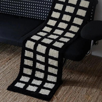 Tufting Black White Grids Bedside Rug │ Geometric Soft Long Carpet │ For Aesthetic Bedroom Home Decor - Besontique Home