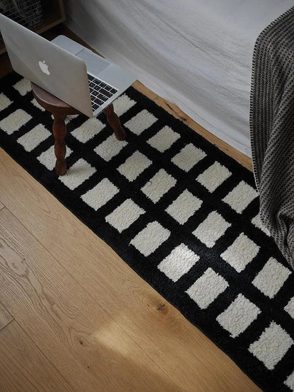 Tufting Black White Grids Bedside Rug │ Geometric Soft Long Carpet │ For Aesthetic Bedroom Home Decor - Besontique Home