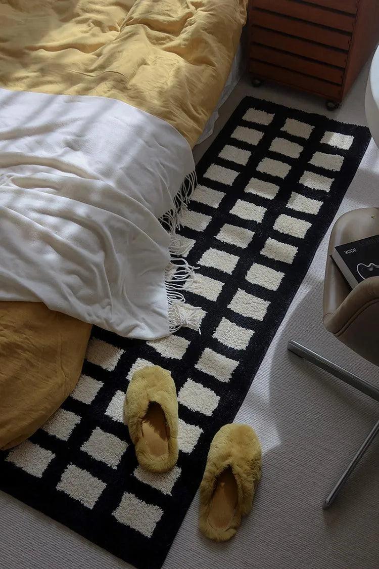 Tufting Black White Grids Bedside Rug │ Geometric Soft Long Carpet │ For Aesthetic Bedroom Home Decor - Besontique Home