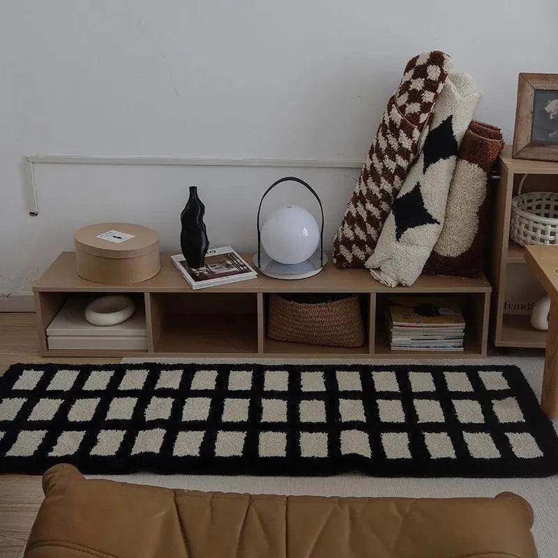 Tufting Black White Grids Bedside Rug │ Geometric Soft Long Carpet │ For Aesthetic Bedroom Home Decor - Besontique Home