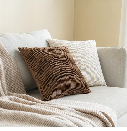 Velvet Solid Color Cushion Cover (Brown / White)│ Modern Simple Line Pleated Decorative Pillowcase - Besontique