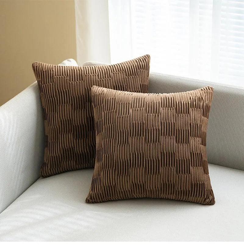 Velvet Solid Color Cushion Cover (Brown / White)│ Modern Simple Line Pleated Decorative Pillowcase - Besontique Home