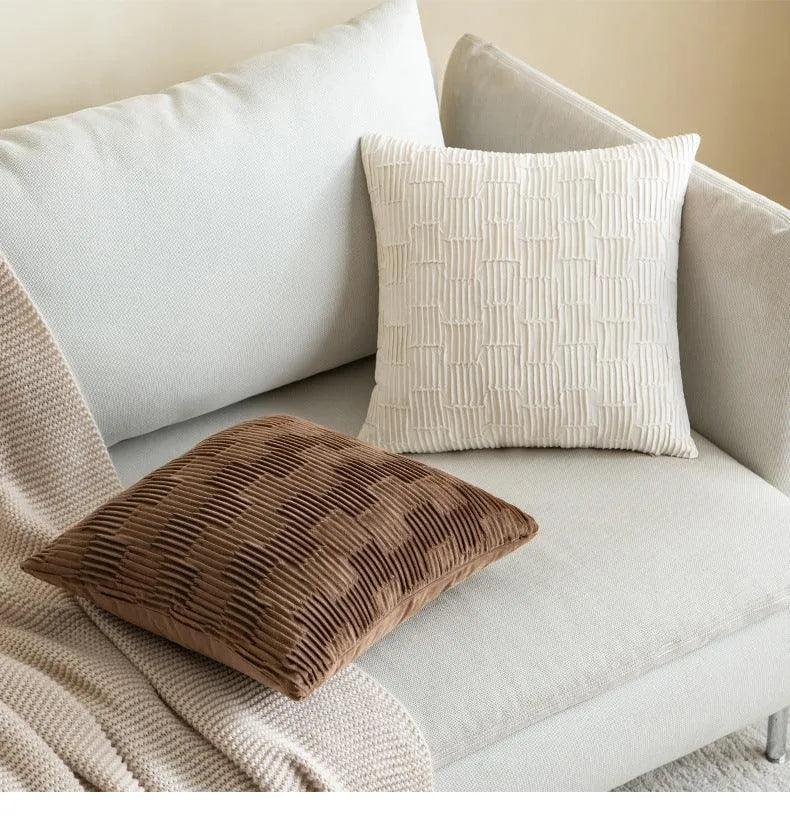 Velvet Solid Color Cushion Cover (Brown / White)│ Modern Simple Line Pleated Decorative Pillowcase - Besontique Home