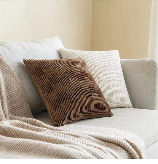 Velvet Solid Color Cushion Cover (Brown / White)│ Modern Simple Line Pleated Decorative Pillowcase - Besontique Home