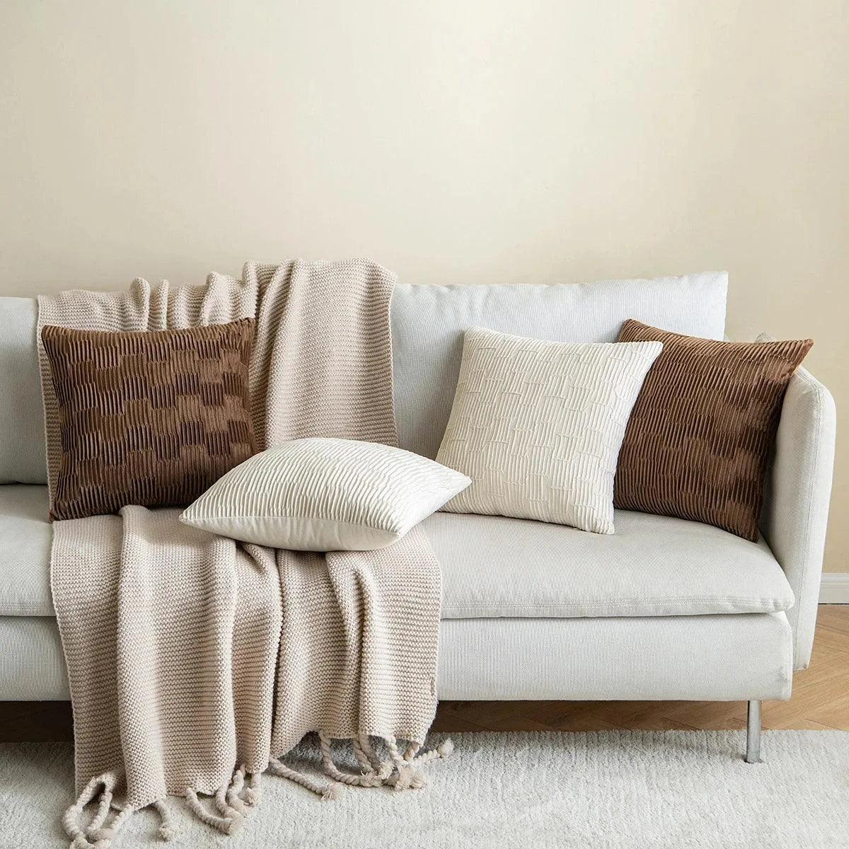 Velvet Solid Color Cushion Cover (Brown / White)│ Modern Simple Line Pleated Decorative Pillowcase - Besontique Home