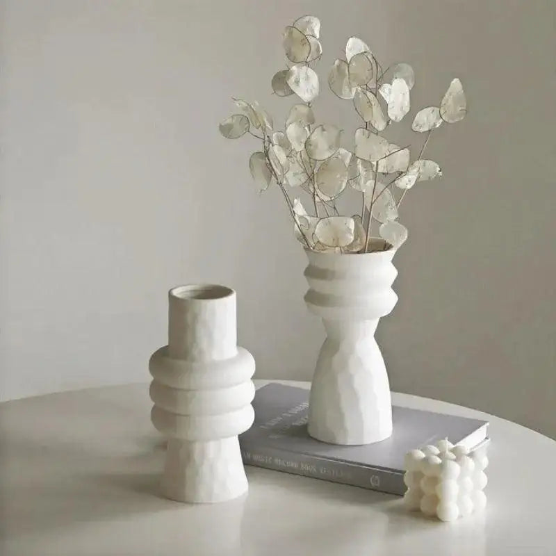 White Nordic Ceramics Dried Flower Vase │ Home Ornaments Flower Pot Vases Set - Besontique Home